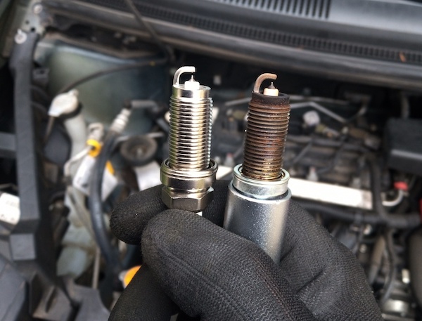 Man wearing black gloves holding up two spark plugs