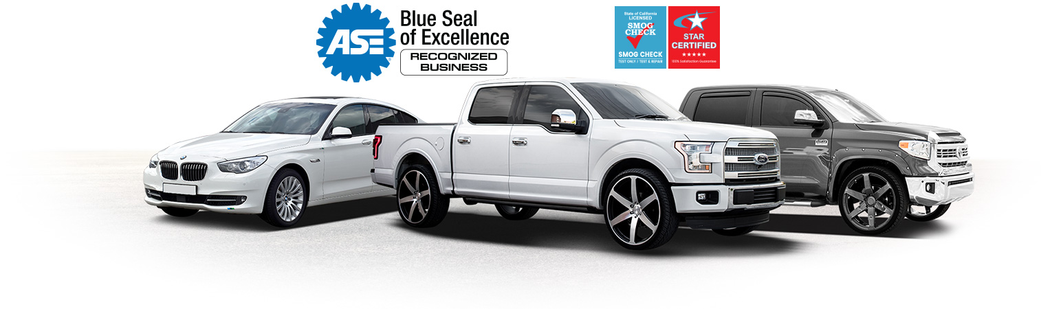 BMW, Ford, and Toyota parked in white background, ASE Logo, Smog Check License and Star Certified | Quality Tune-Up Car Care