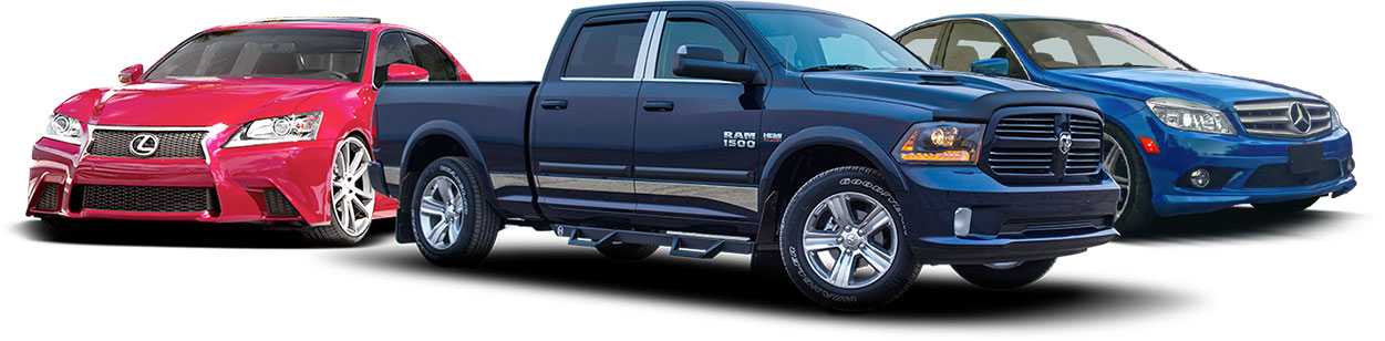 Red Lexus car, Navy Dodge truck, and Blue Mercedes-Benz car parked against white background | Quality Tune-Up Car Care